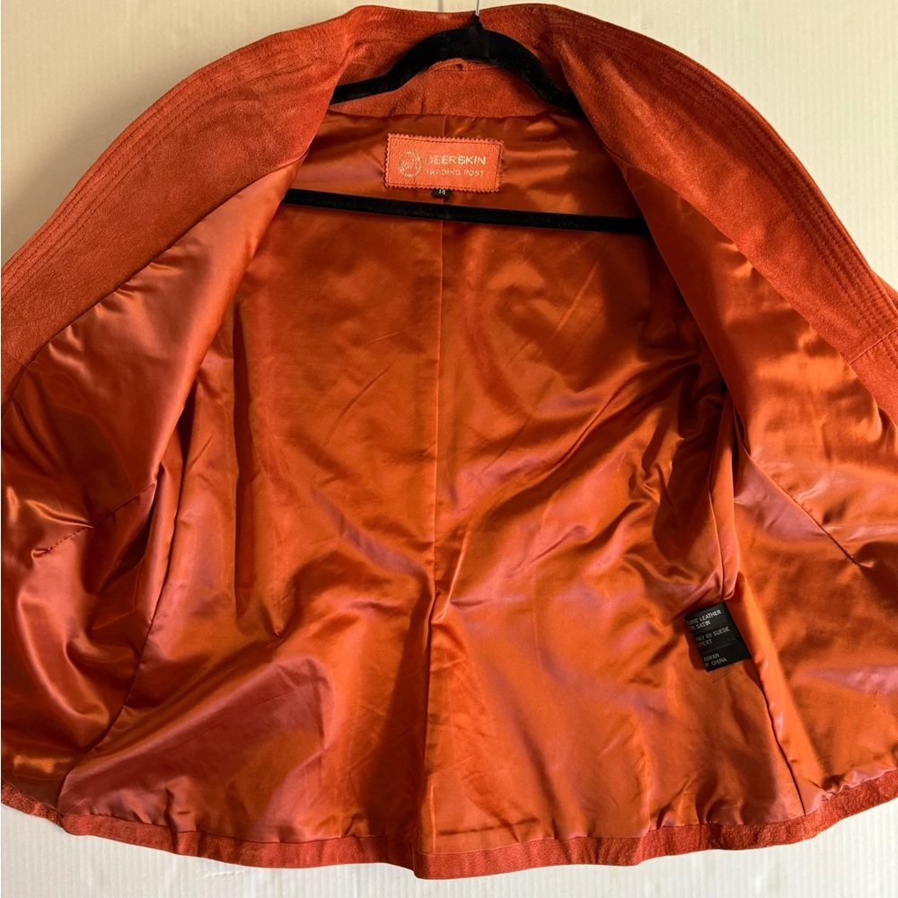 1970s Deerskin Trading Post 100% Suede open front Boho jacket in orange.Size 14 - Picture 6 of 9